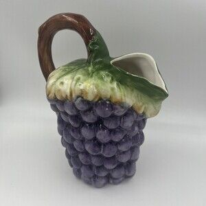 Vintage Majolica Ceramic Grape 3 D Hand Painted Pitcher 48 oz